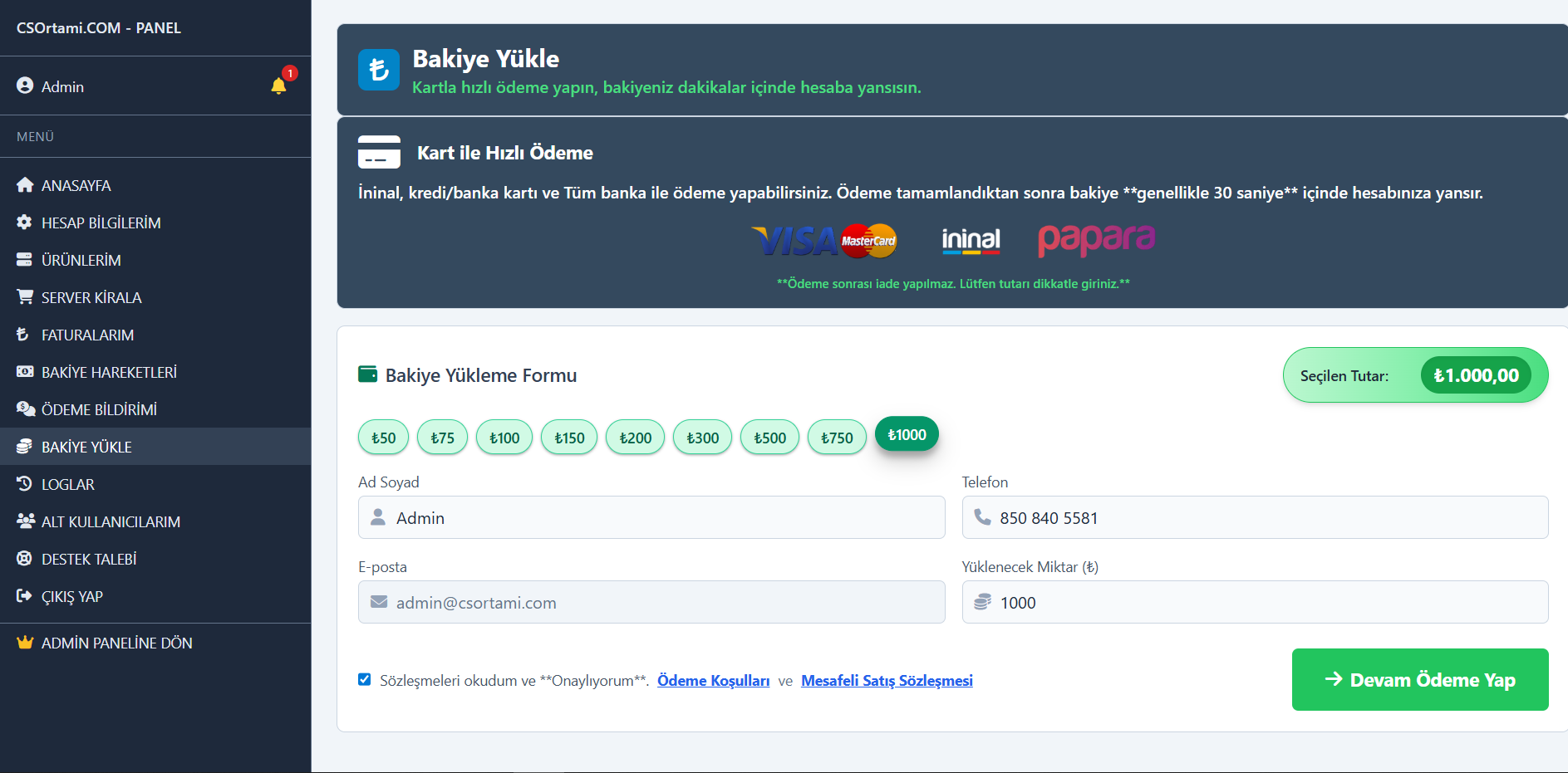 Bakiye Yükleme Sayfası