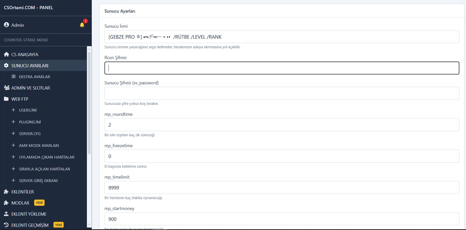 Server Adı ve Rcon Ayarları